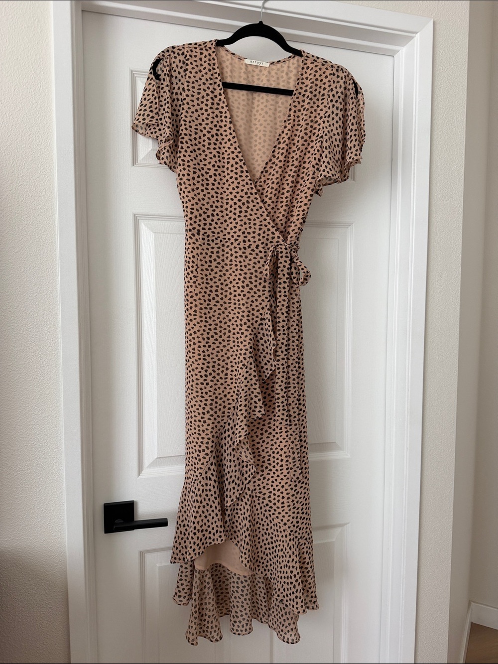 Array Beige Polka Dot Wrap Dress with Ruffle High-Low Hem